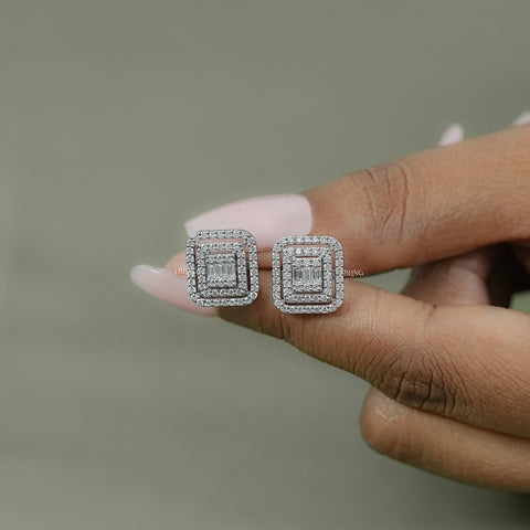 Round & Baguette Diamond Cluster Stud Earring