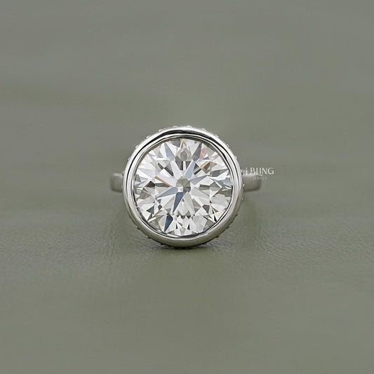 Round Cut Bezel Set Hidden Halo Engagement Ring Solitaire Ring
