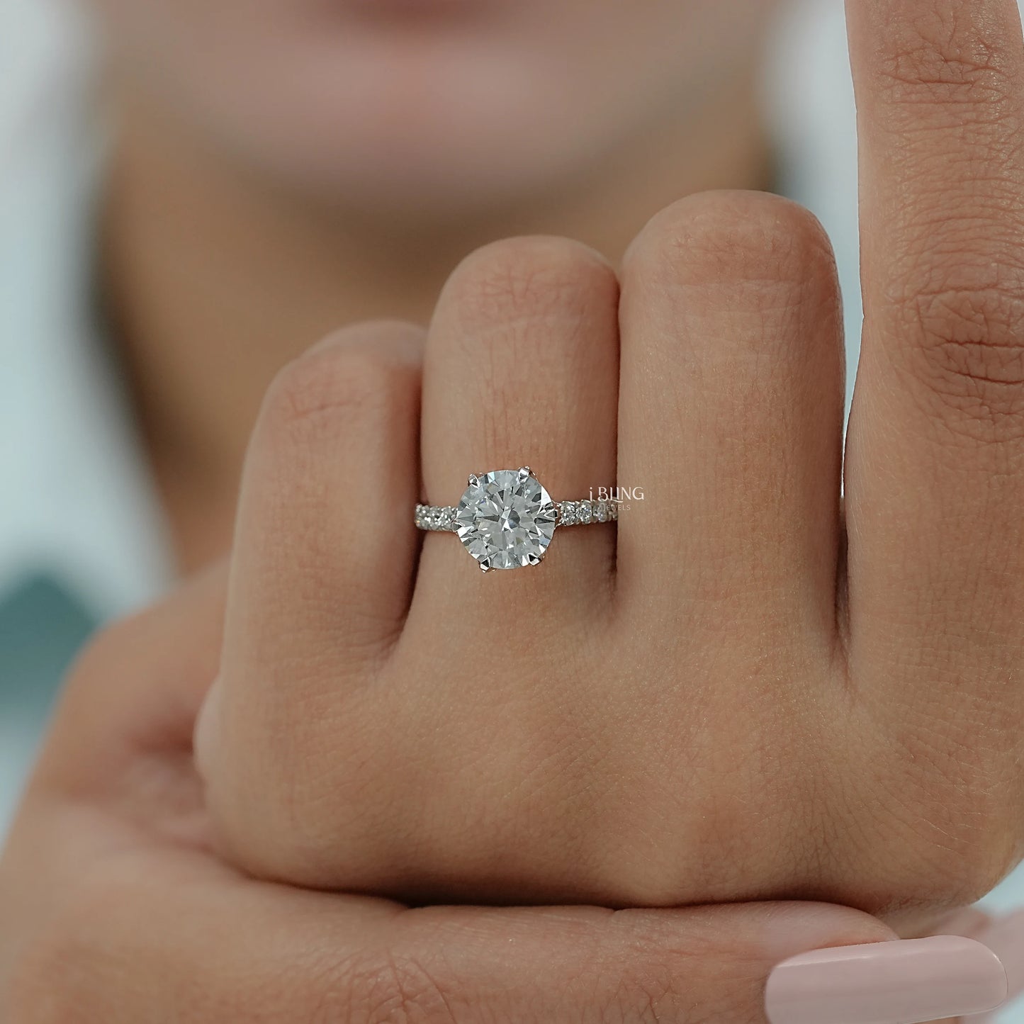 Round Cut Lab Diamond Hidden Halo Solitaire Ring Solitaire Accent Ring