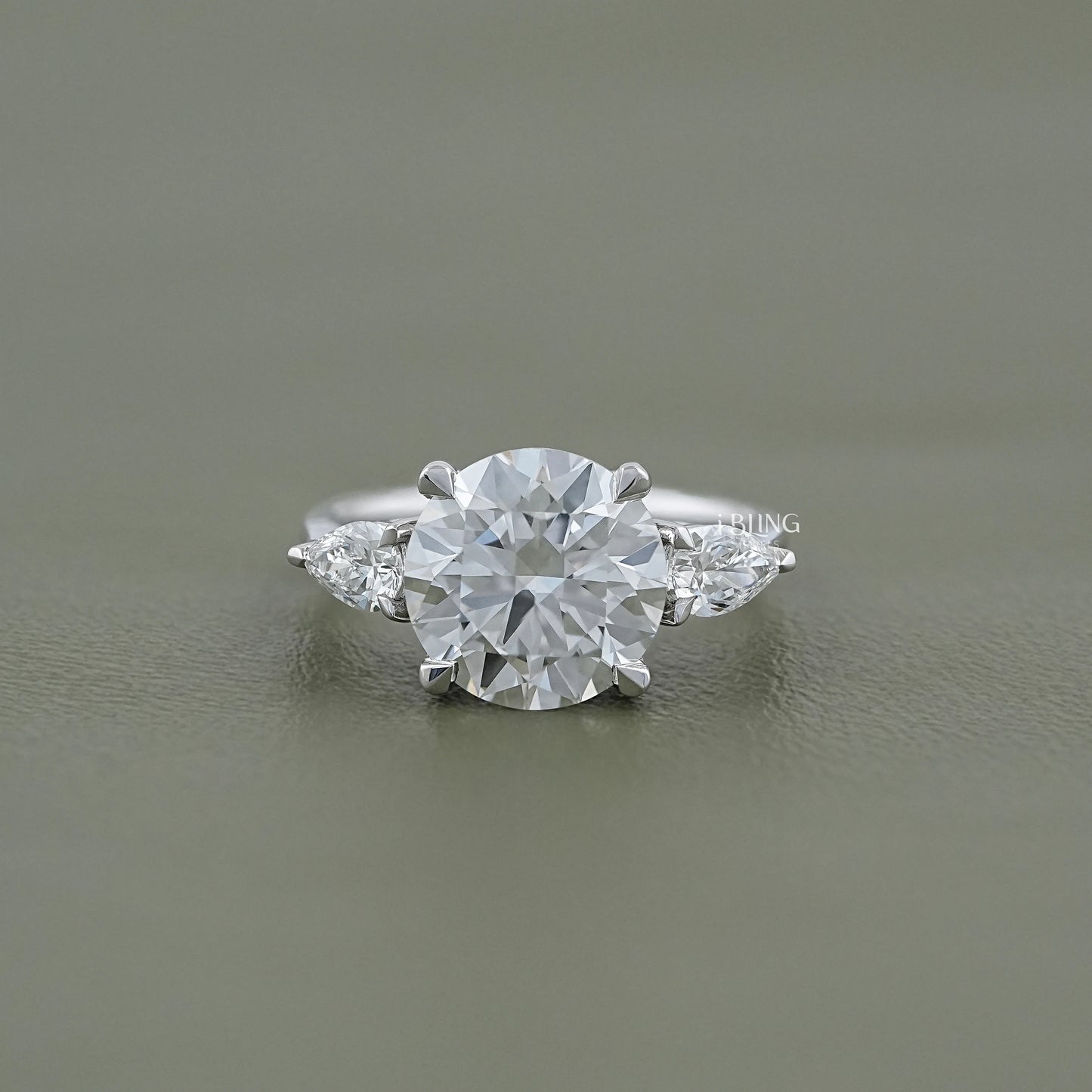 Round Cut Diamond Three Stone Ring With Pear Side Stones Solitaire Ring