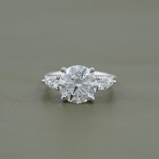 Round Cut Diamond Three Stone Ring With Pear Side Stones Solitaire Ring