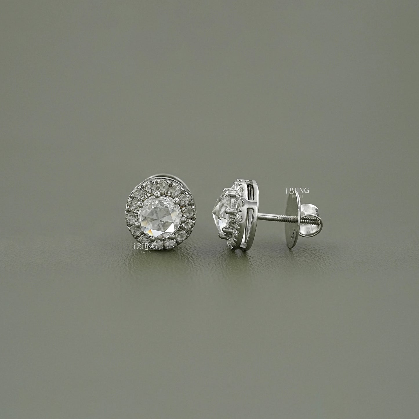 Round Rose Cut Diamond Halo Stud Earrings Earrings
