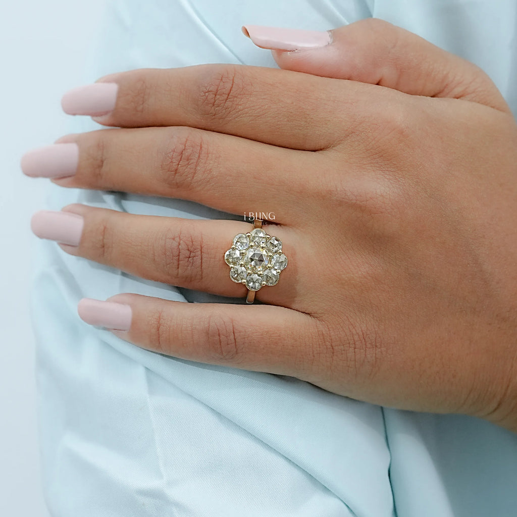 Rose Cut Round Diamond Halo Engagement Ring