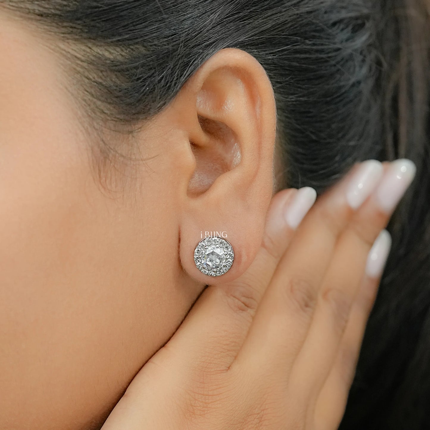 Round Rose Cut Diamond Halo Stud Earrings Earrings