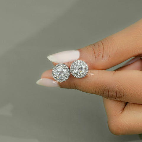 Round Rose Cut Diamond Halo Stud Earrings