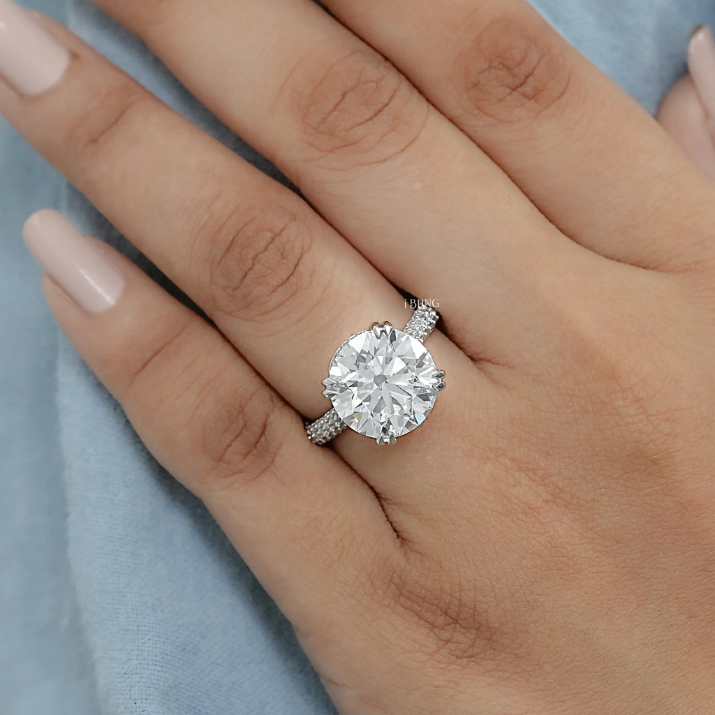 Round Cut Hidden Halo Pave Engagement Ring