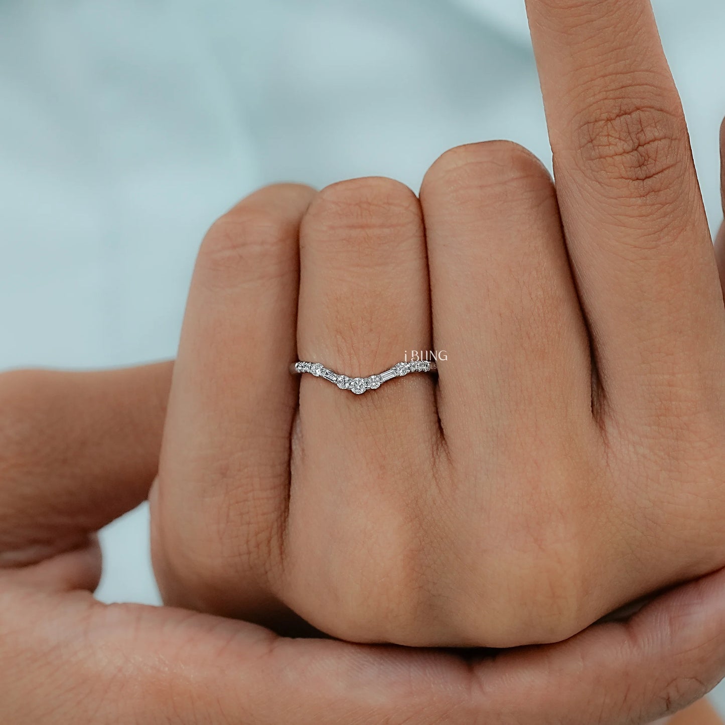 Baguette & Round Lab Diamond Curved Wedding Band Wedding Band