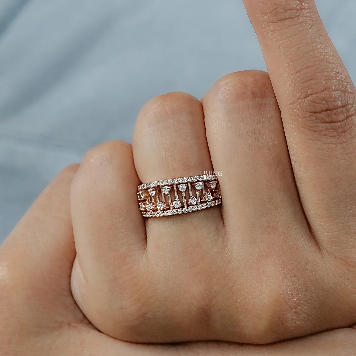 Woman wearing double row diamond band crafted with round diamonds