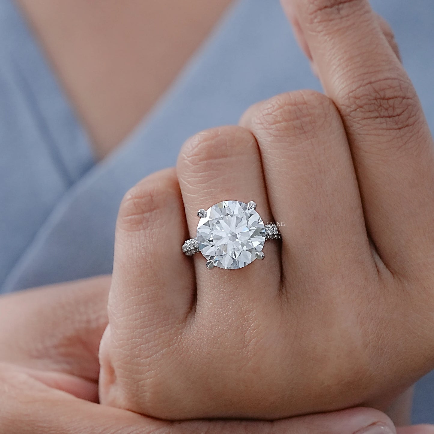 Round Cut Solitaire Diamond Engagement Ring With Pave Band Halo Ring