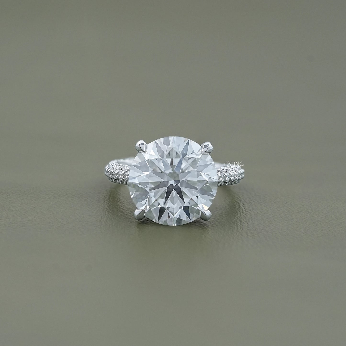Round Cut Solitaire Diamond Engagement Ring With Pave Band Halo Ring