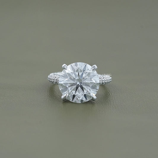 Round Cut Solitaire Diamond Engagement Ring With Pave Band Halo Ring