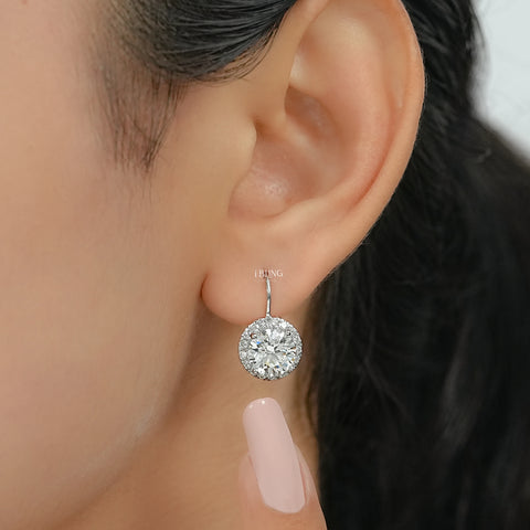 Round Cut Lab Grown Halo Lever Back Earrings