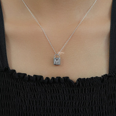 Round Cut Lab Diamond Padlock M Letter Necklace