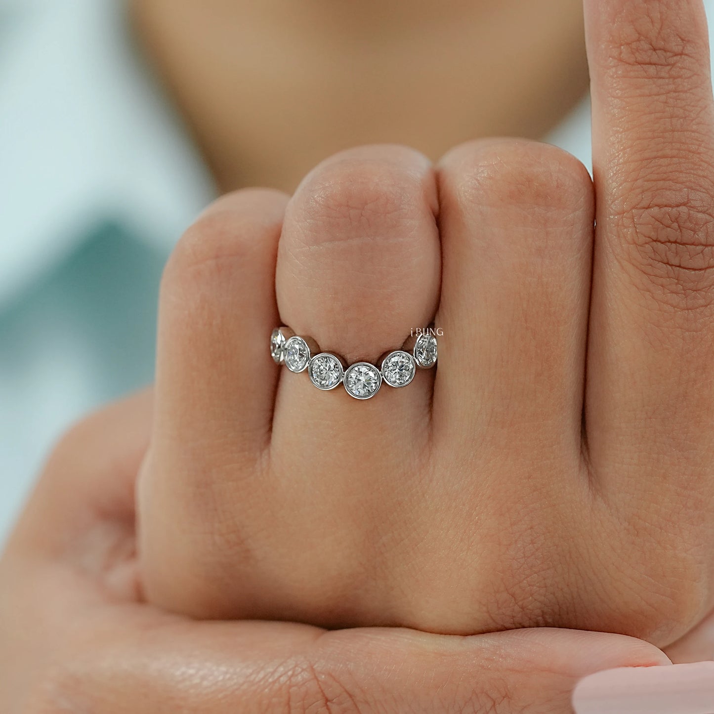 Round Cut Lab Diamond Bezel Set Curved Wedding Band