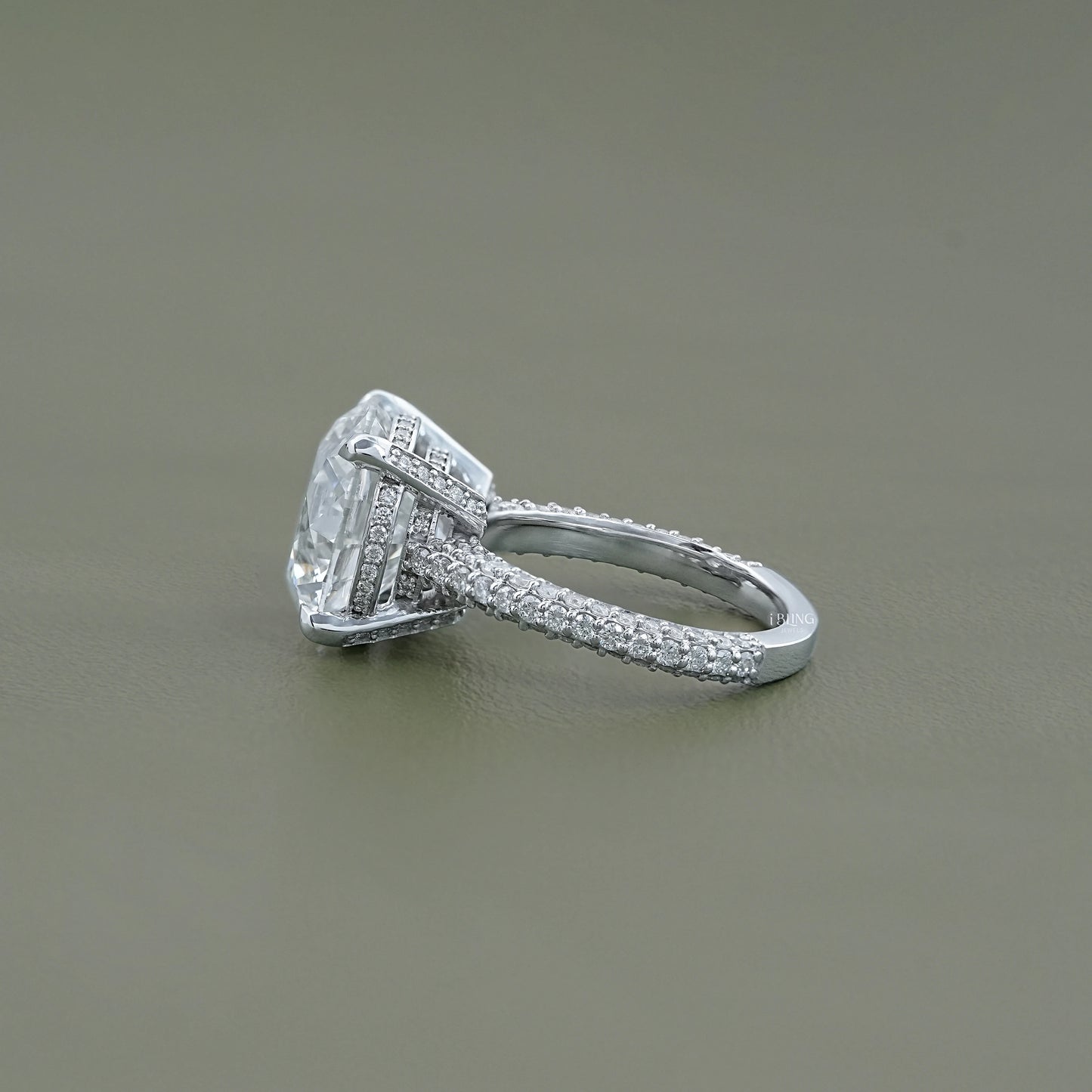 Round Cut Solitaire Diamond Engagement Ring With Pave Band Halo Ring