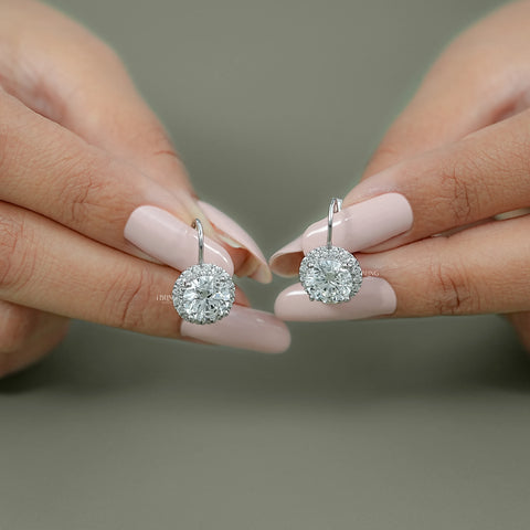 Round Cut Lab Grown Halo Lever Back Earrings