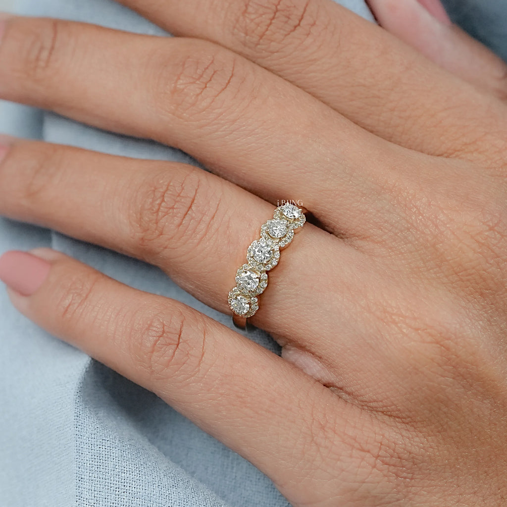 Round Lab Grown Diamond Five Stone Halo Wedding Band
