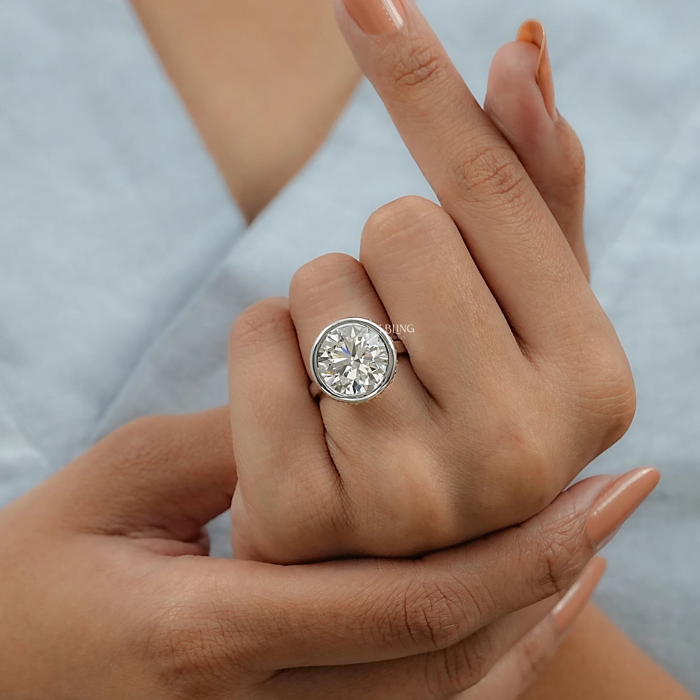 Round Cut Bezel Set Hidden Halo Engagement Ring Solitaire Ring