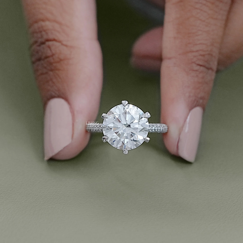 Round Cut Lab Diamond Pave Set Engagement Ring