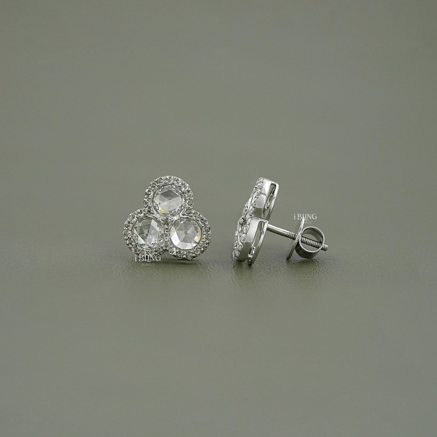 Three Stone Halo Stud Earrings Earrings