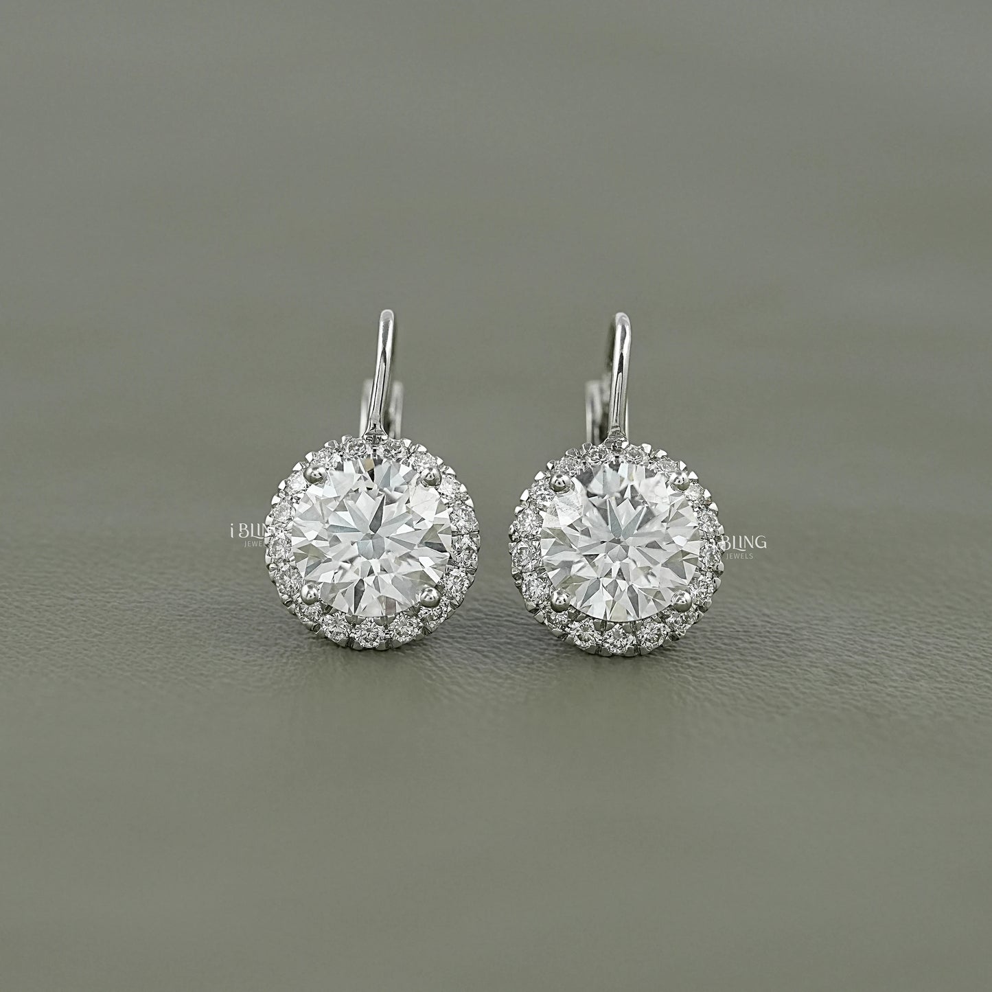 Round Cut Lab Grown Halo Lever Back Earrings