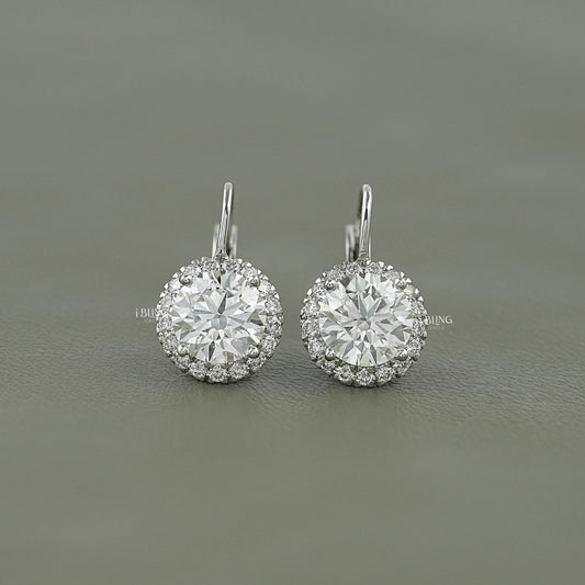 Round Cut Lab Grown Halo Lever Back Earrings Earrings