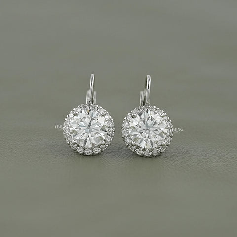 Round Cut Lab Grown Halo Lever Back Earrings