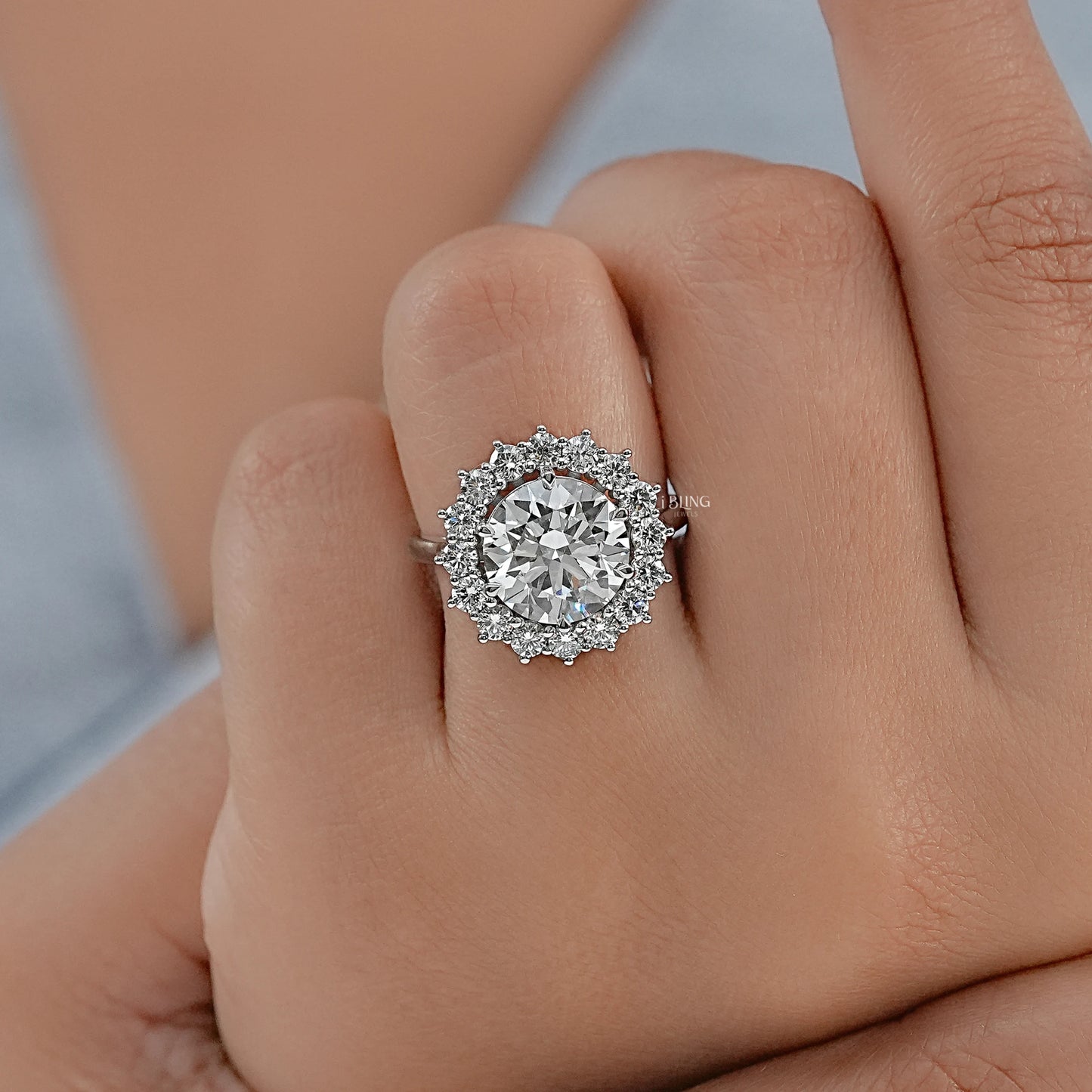 Round Cut Lab Diamond Halo Engagement Ring Solitaire Ring