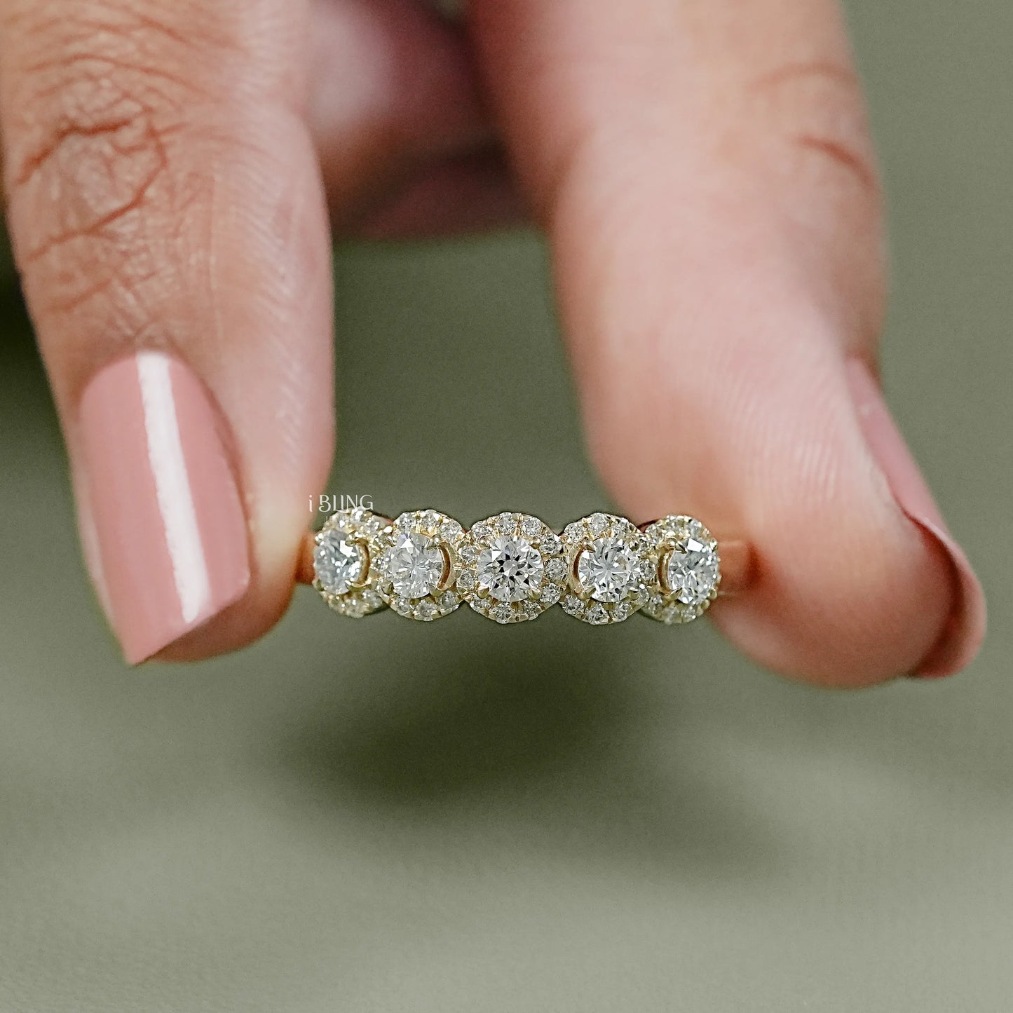 Round Lab Grown Diamond Five Stone Halo Wedding Band