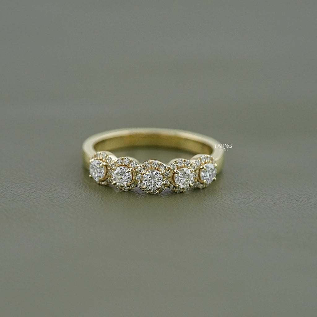 Round Lab Grown Diamond Five Stone Halo Wedding Band