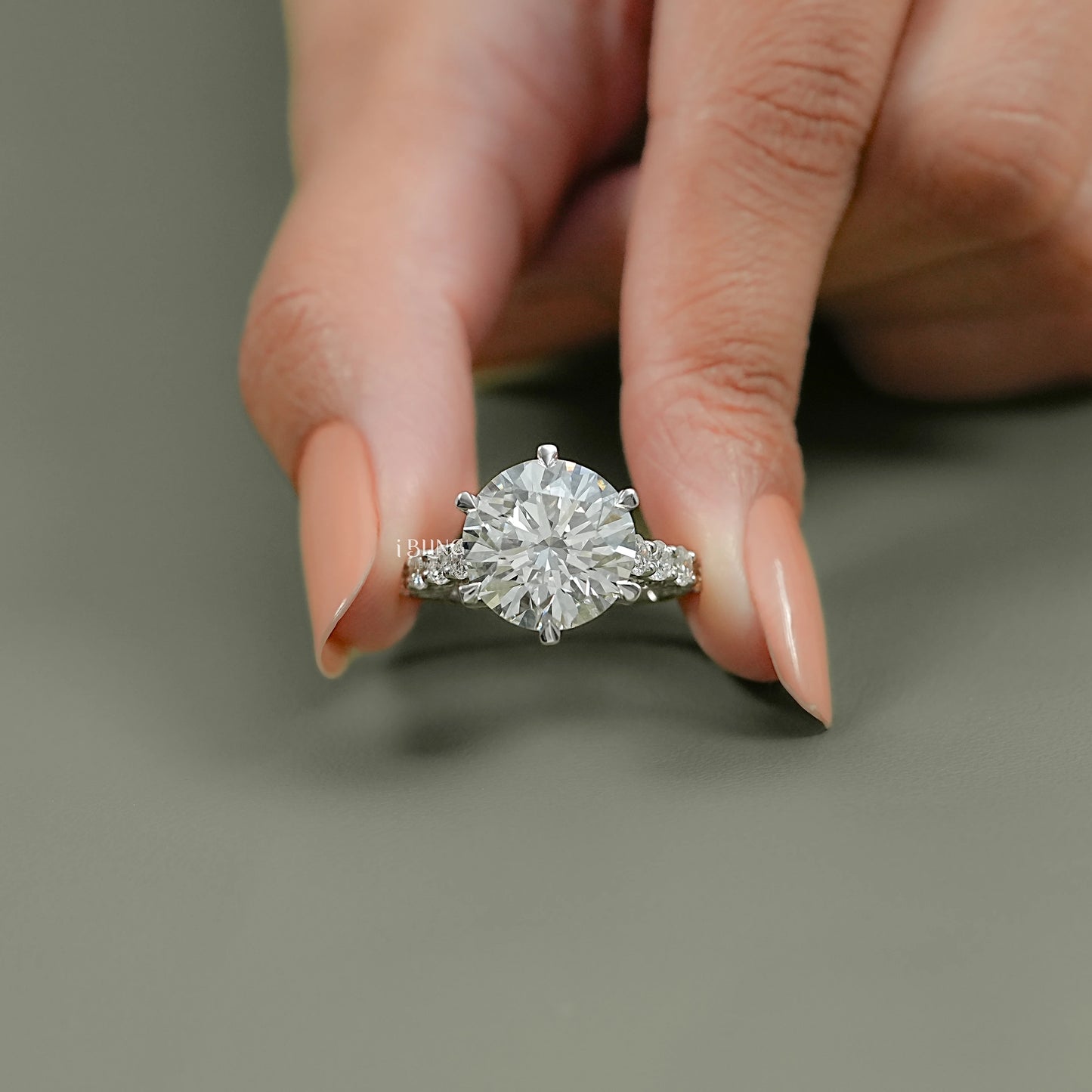 Round Lab Diamond Solitaire Pave Engagement Ring Solitaire Accent Ring