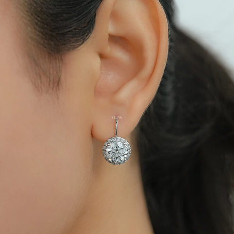Round Cut Lab Grown Halo Lever Back Earrings