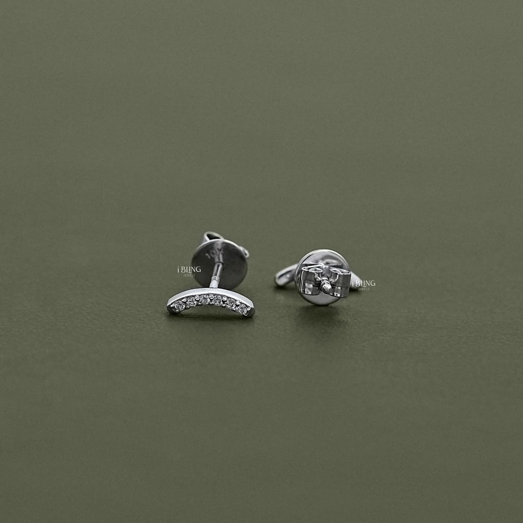 Curved Bar Round Diamond Stud Earrings