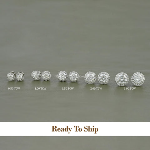 Round Moissanite Diamond Halo Stud Earrings