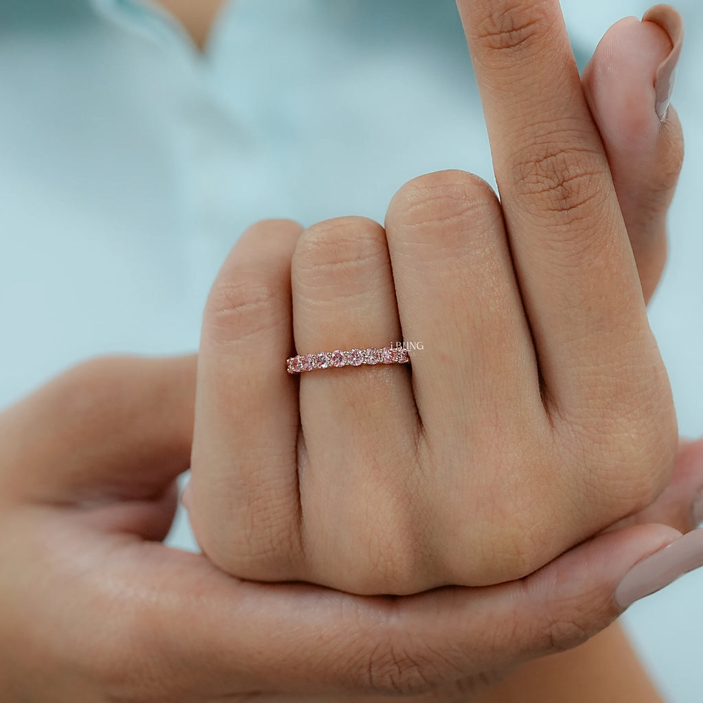 Pink Round Cut Lab Diamond Half Eternity Wedding Band