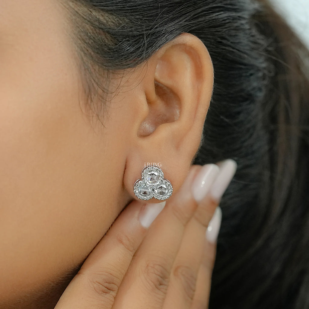 Three Stone Halo Stud Earrings