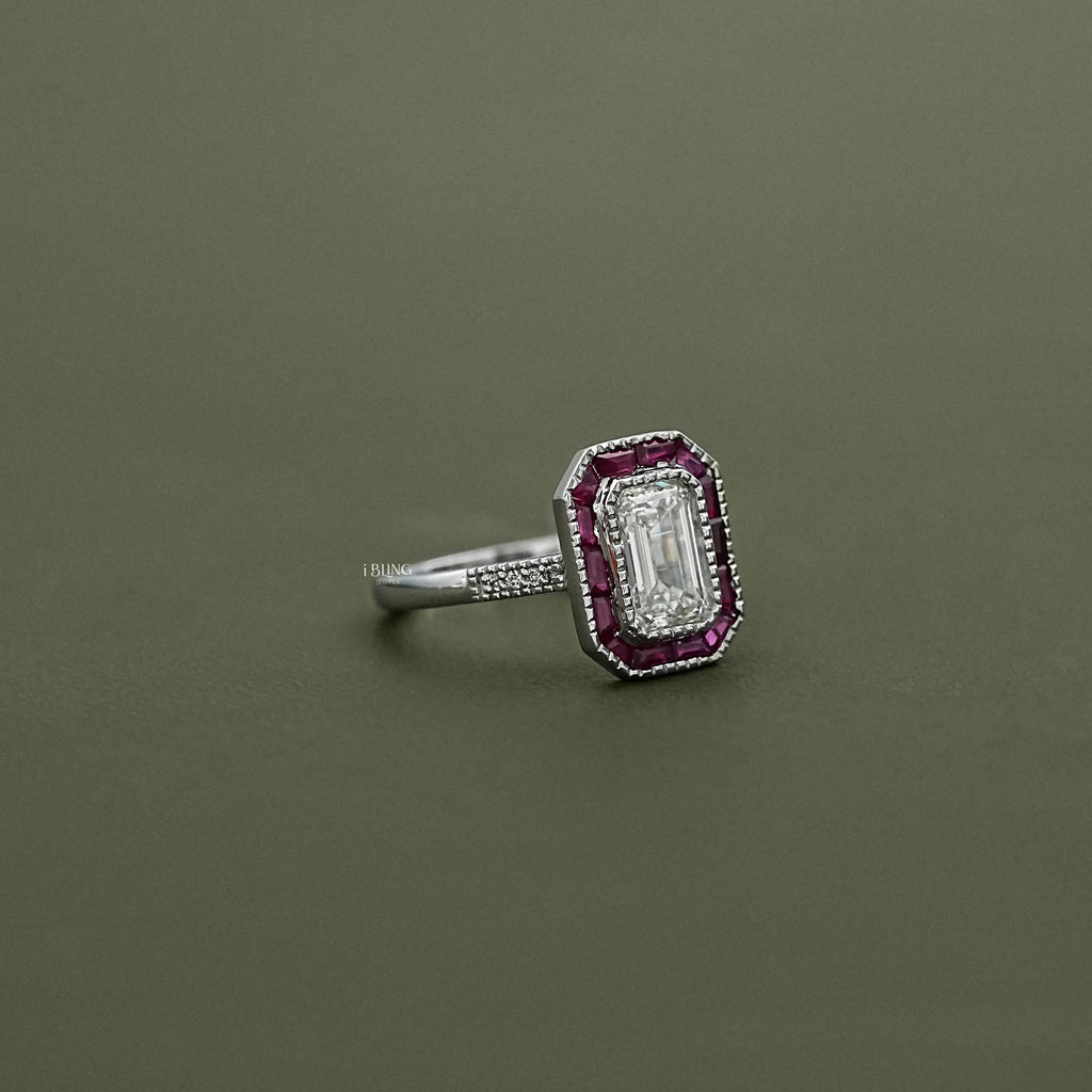 Ruby Tapered Baguette Halo Gemstone Engagement Ring