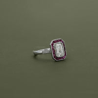Ruby Tapered Baguette Halo Gemstone Engagement Ring