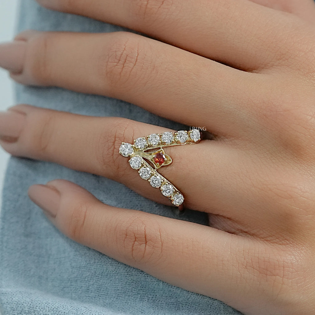 Yellow Gold Ruby & Round Diamond Wishbone Ring