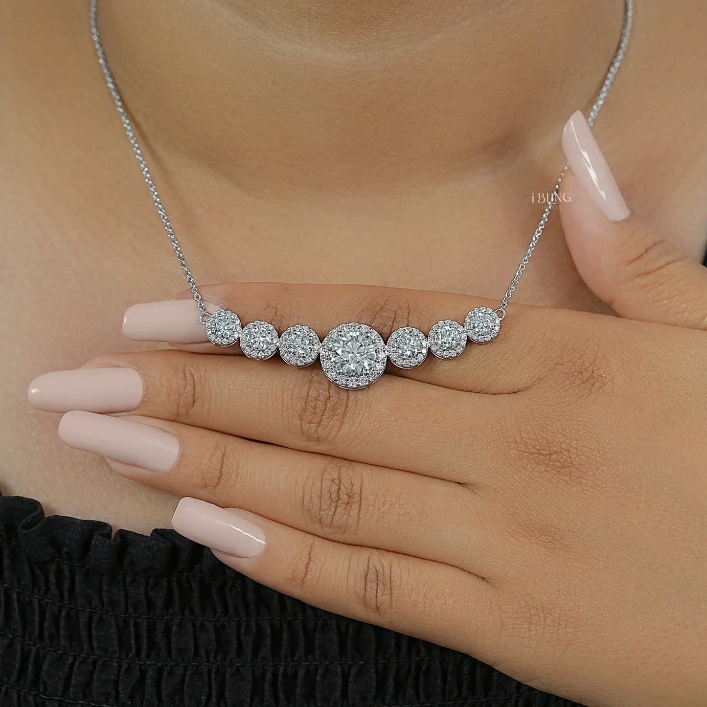 Seven Stone Round Diamond Halo Pendant