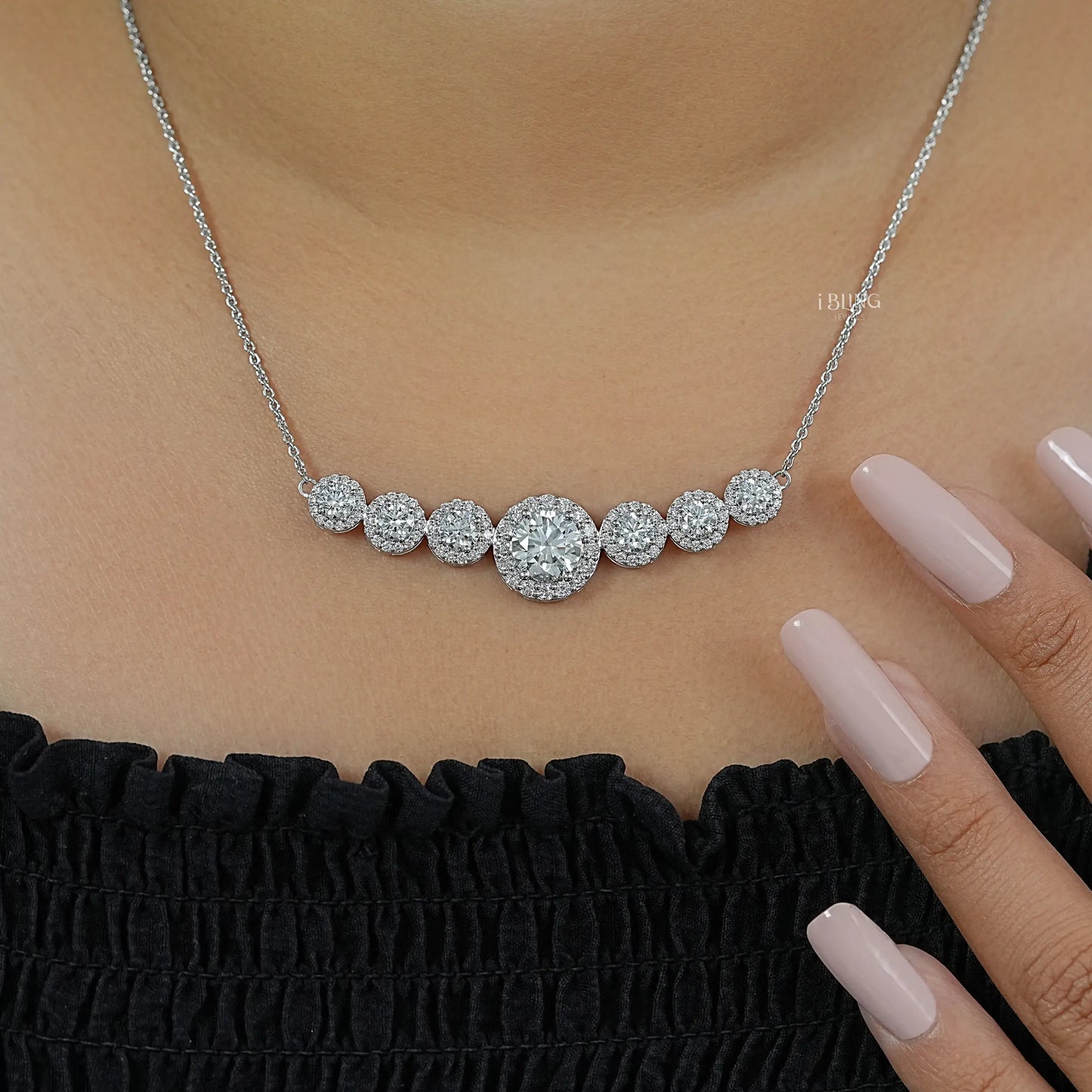 Seven Stone Round Diamond Halo Pendant
