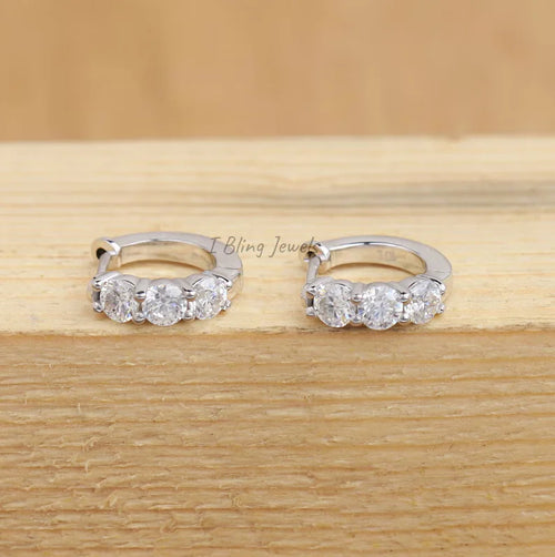 Round Cut Three Stone Huggie Hoop Earrings