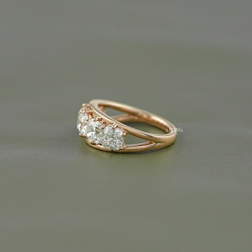 Old Mine Cushion Diamond Split Shank Five Stone Band