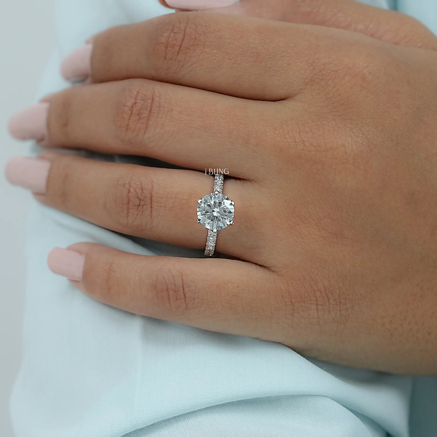 Round Cut Lab Diamond Hidden Halo Solitaire Ring Solitaire Accent Ring