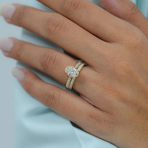Oval Cut Lab Diamond Solitaire Accent Bridal Ring Set