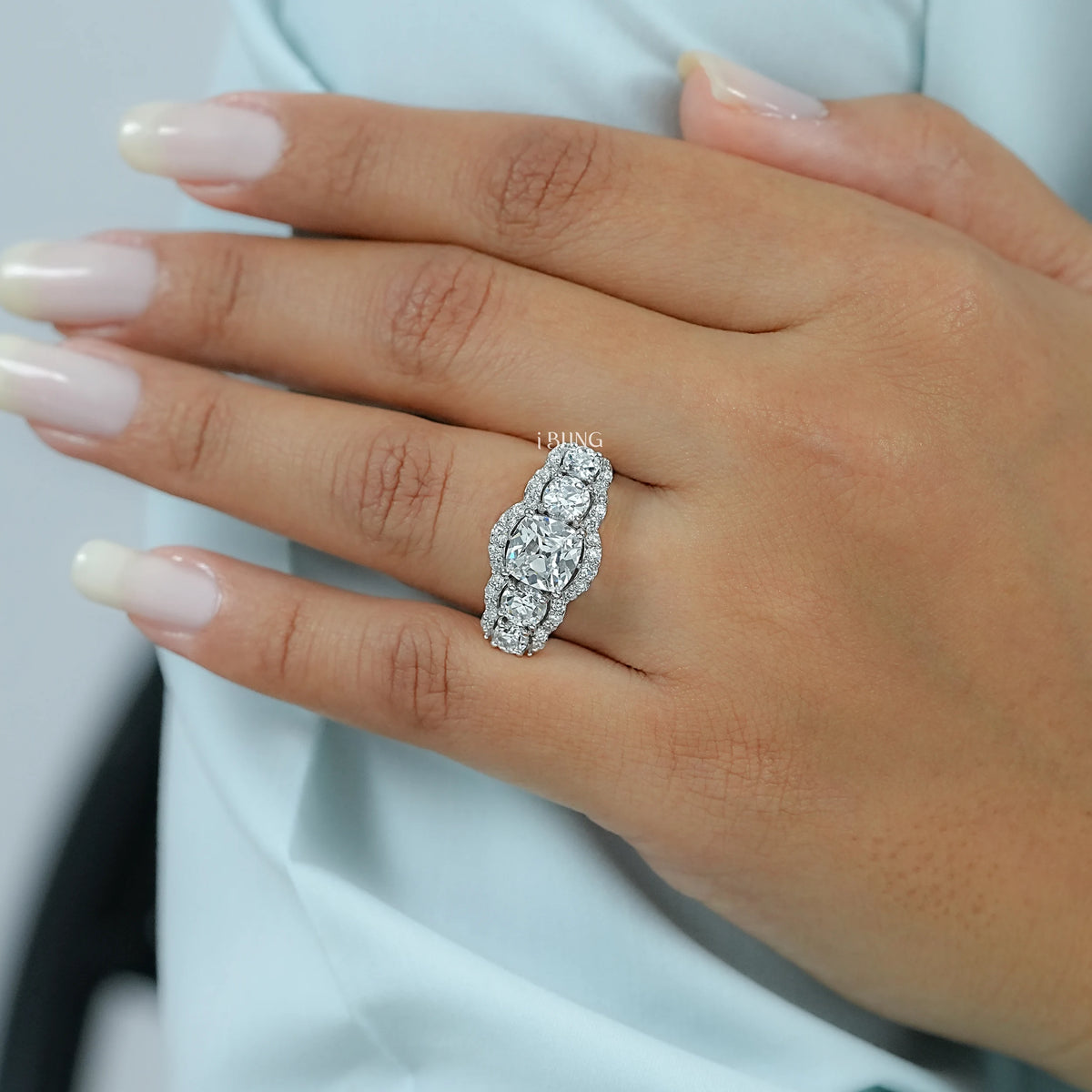 Cushion Cut Lab Grown Halo Diamond Five Stone Ring