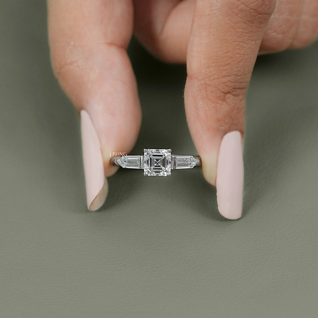Asscher Cut Lab Diamond Three Stone Engagement Ring