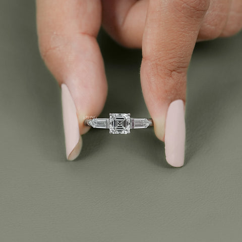 Asscher Cut Lab Diamond Three Stone Engagement Ring
