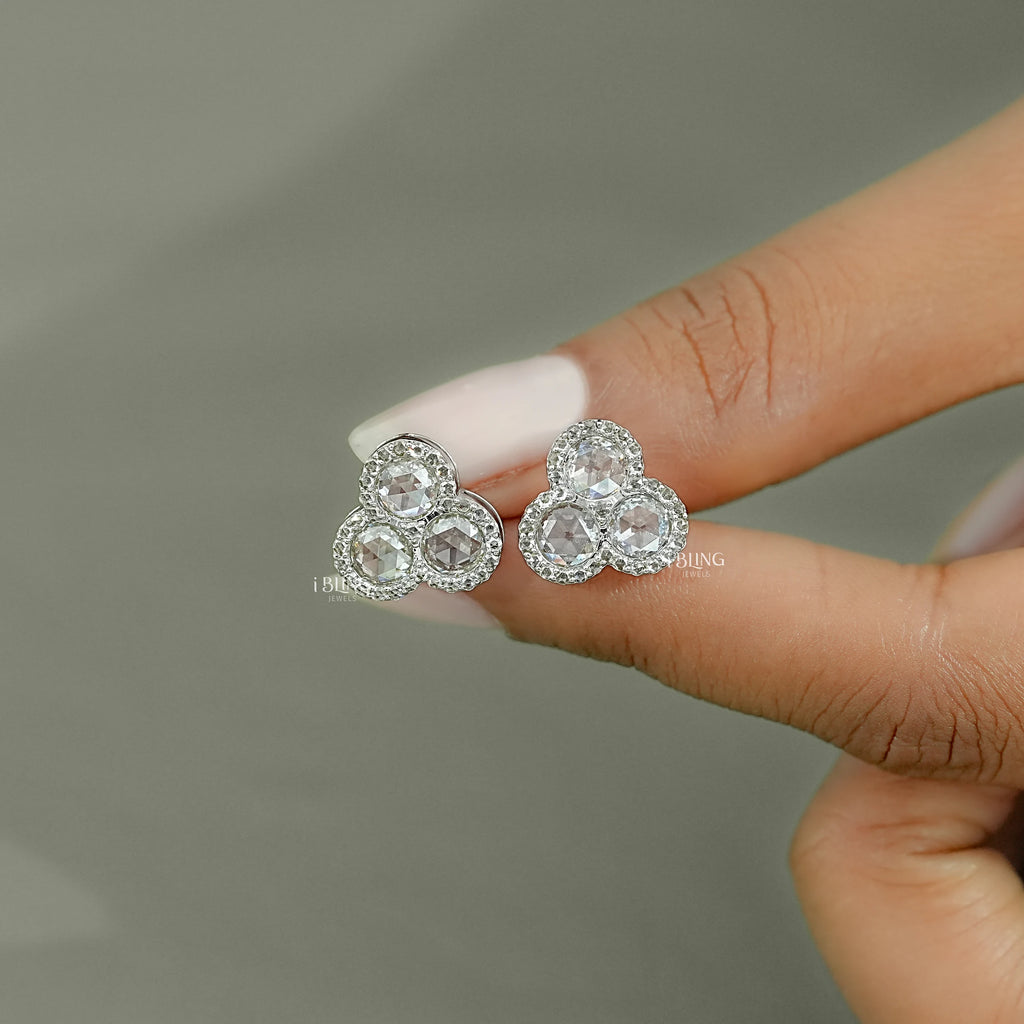Three Stone Halo Stud Earrings