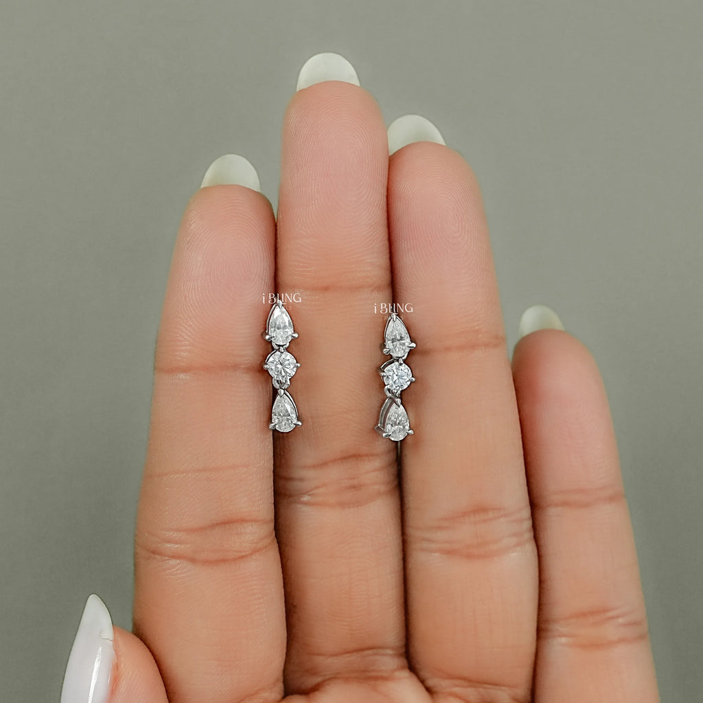 Three Stone Pear Lab Diamond Dangle Drop Earrings